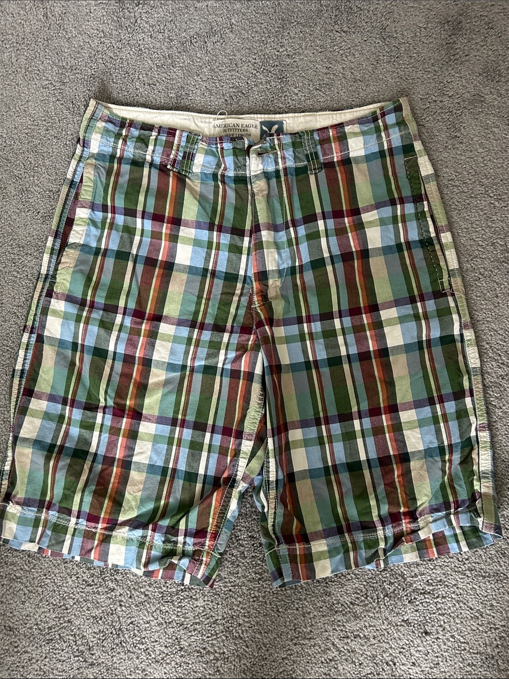 American Eagle Outfitters Green and Blue Plaid Men’s Flat Front Shorts